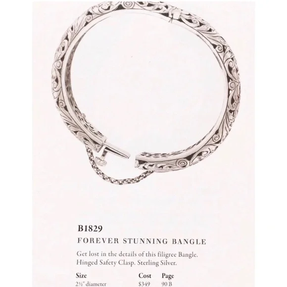 Silpada Bracelet Filigree Bangle Substantial Sterling Silver with safety chain - Picture 5 of 5